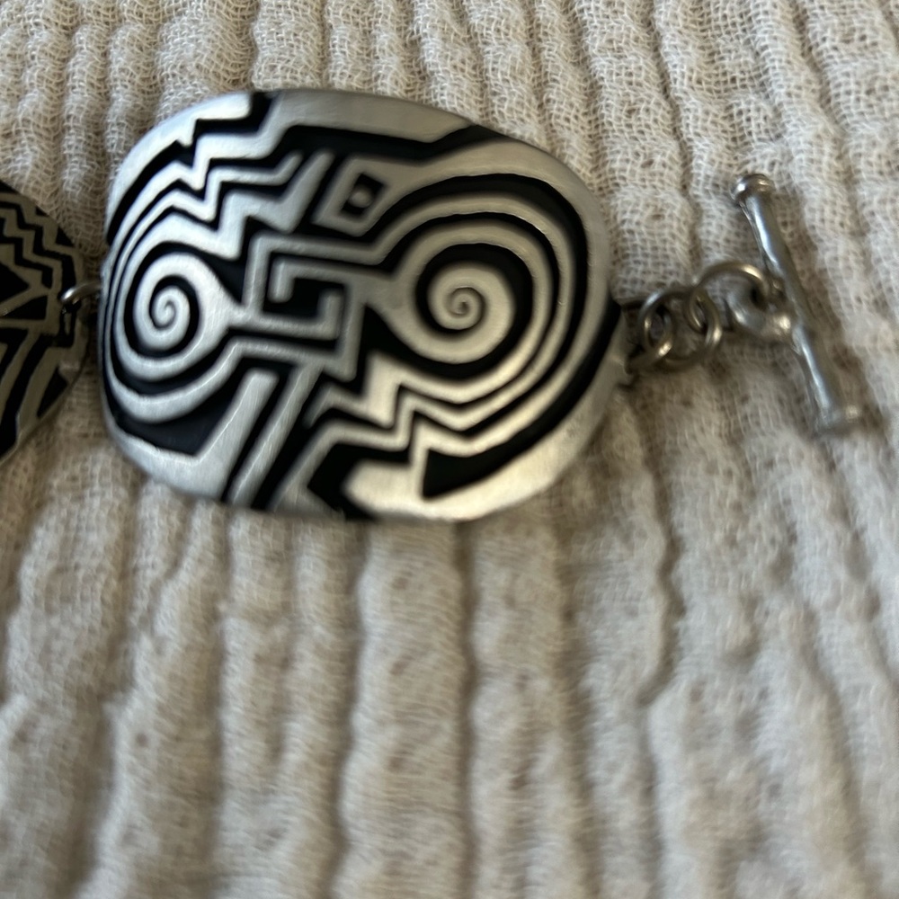Alice Seely VTG Y2K Lead Free Pewter Tribal Link Bracelet Toggle Clasp Signed - Picture 10 of 12